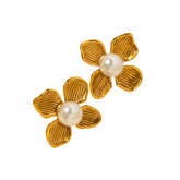 Rosa Flower Stud Earrings in Gold with Faux Pearl Centre